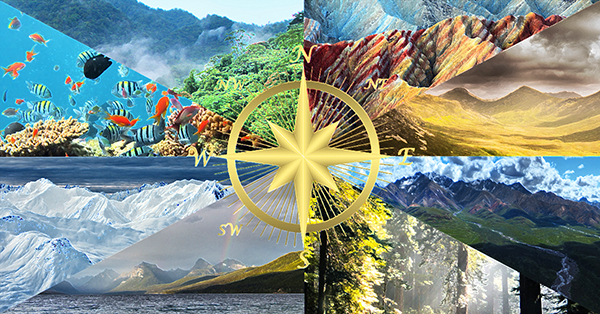 A gold compass rose is surrounded by slices from eight different landscapes. Clockwise from the upper left they are: a rainforest, a desert with red stripped hills, a grassy plane surrounded by mountains, red mountains, a temperate forest, a lake with a rainbow, snow covered mountains, and an underwater view of a coral reef.